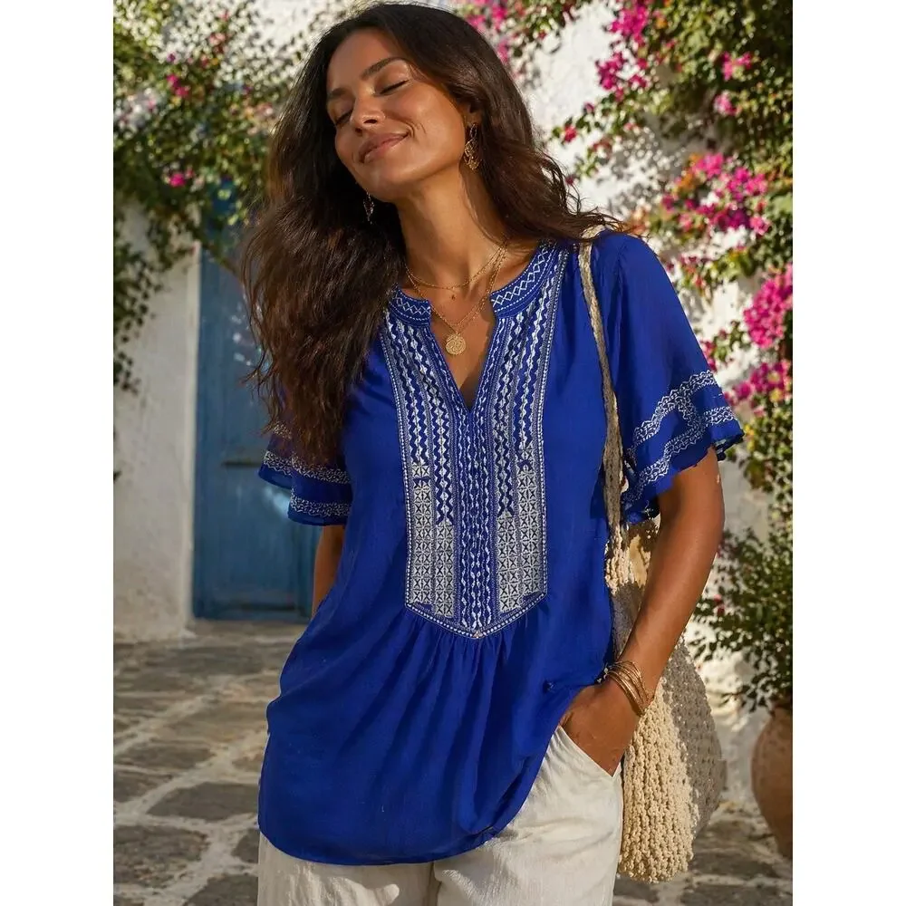 Boho Embroidered Blue Tunic Top 2XL | Festival Peasant Blouse Cottagecore - Picture 1 of 13